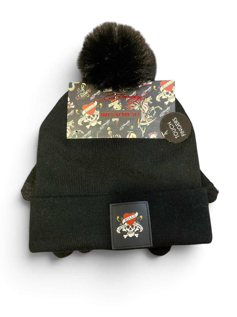 Ed Hardy Black Knit Beanie with & Skull Patch Touch Fingers Gloves NWT